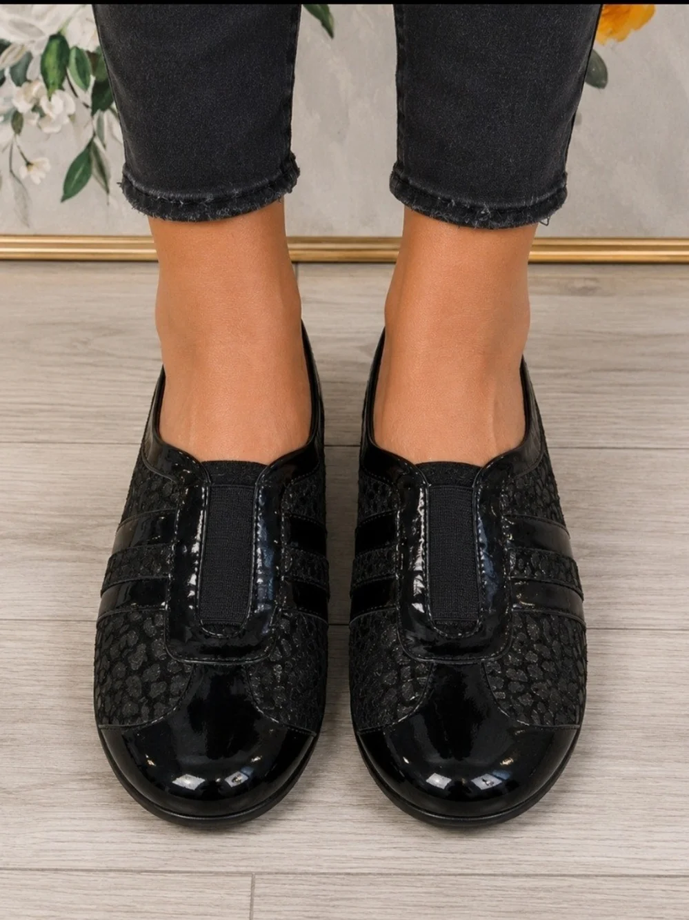 Taryn Rose Traveler Paislee Black Patent Textured Animal Print Slip-On Wedges